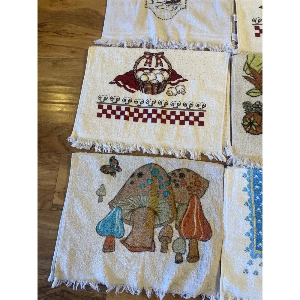 Lot Of 10 Adorable Vintage Mushroom Kitchen Hand Dish Towels MCM Cottage Core